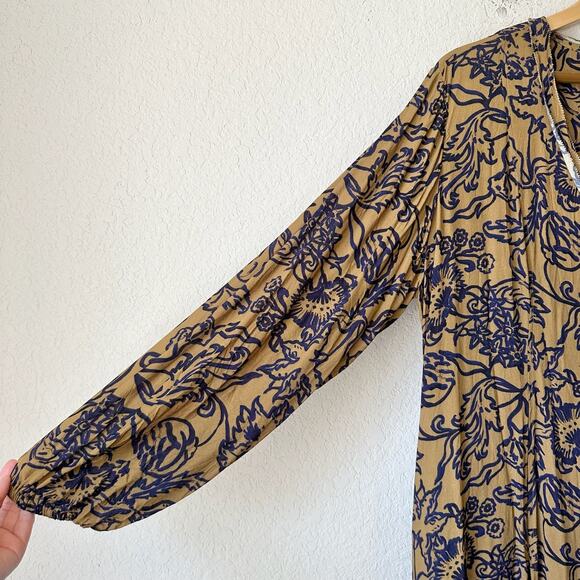 PERUVIAN CONNECTION Mini Dress Brown Blue Floral Puff Sleeve Boho - Picture 5 of 13